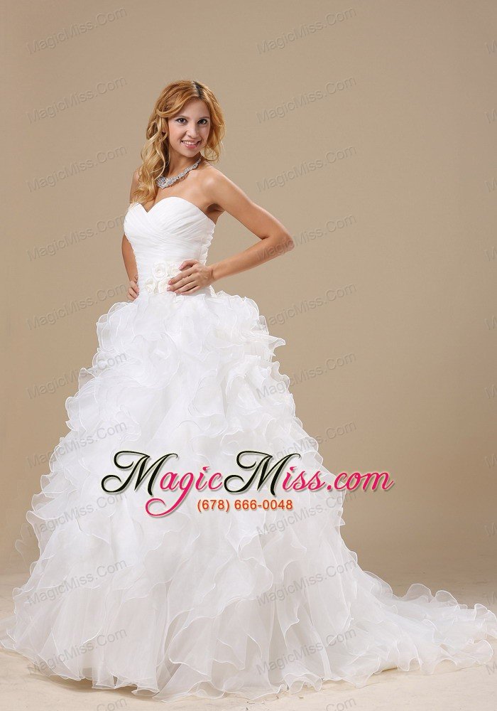 wholesale popular style ruffles decorate bodice hand made flowers a-line court train organza 2013 wedding dress