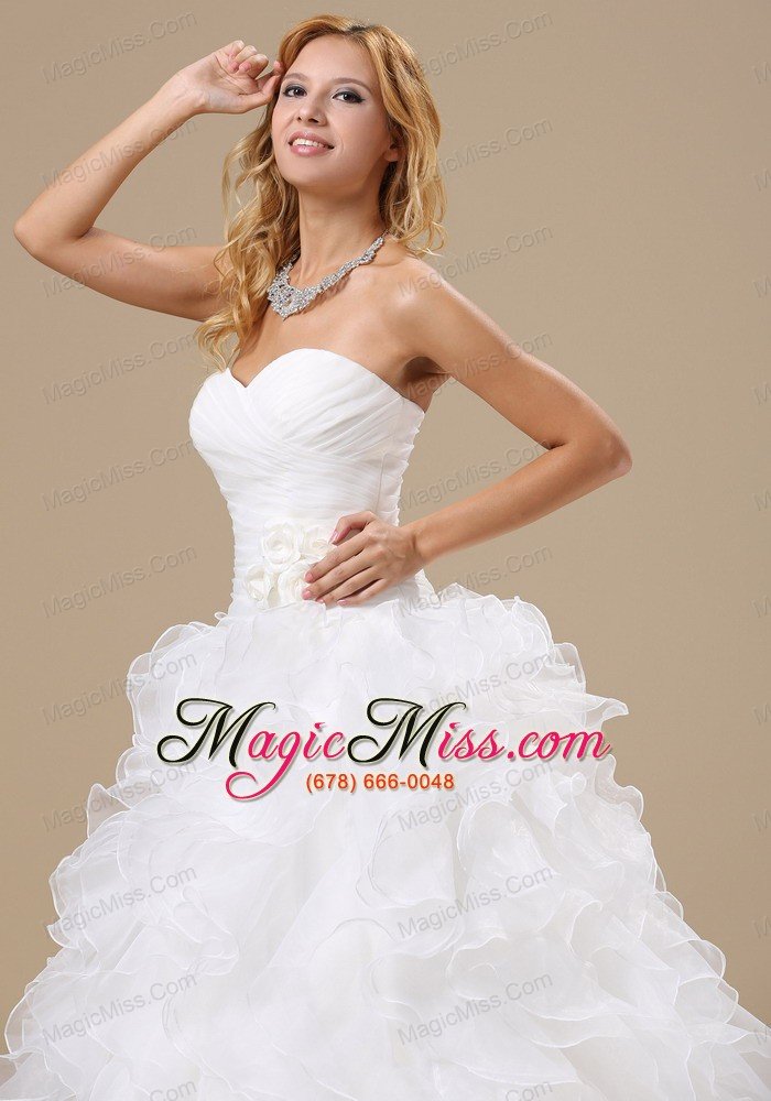 wholesale popular style ruffles decorate bodice hand made flowers a-line court train organza 2013 wedding dress