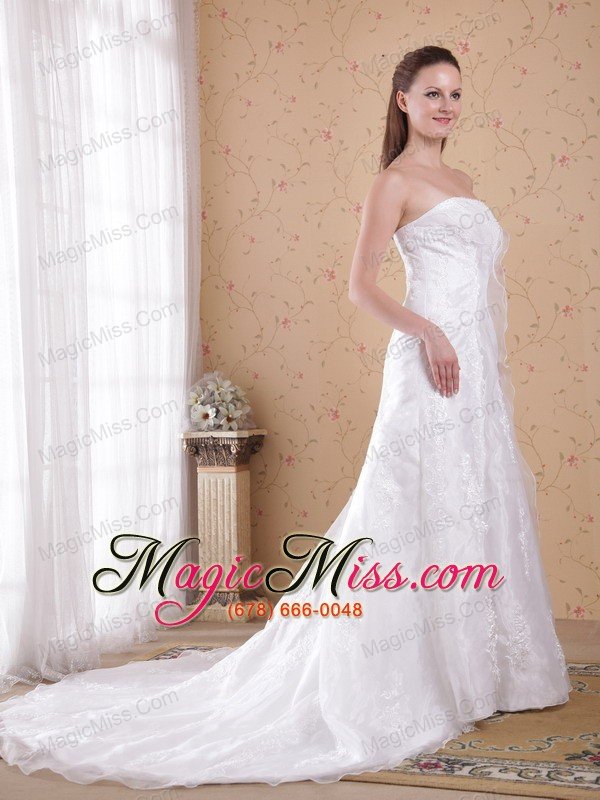 wholesale white a-line / princess strapless court train organza and satin beading wedding dress