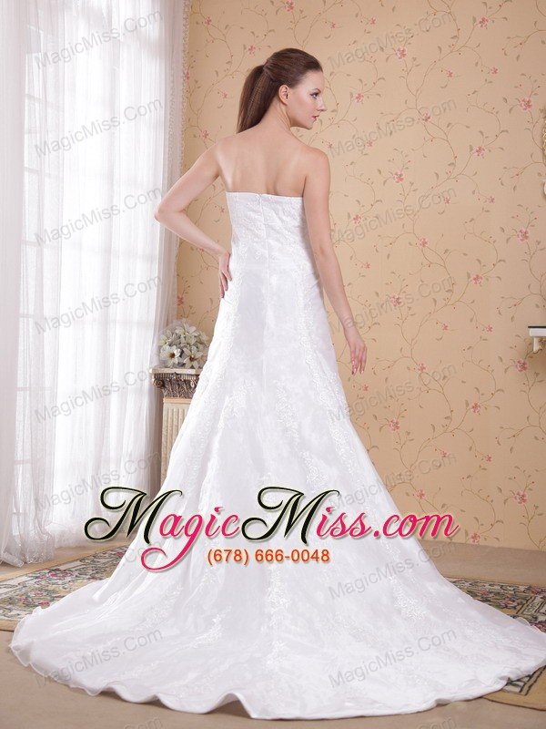 wholesale white a-line / princess strapless court train organza and satin beading wedding dress