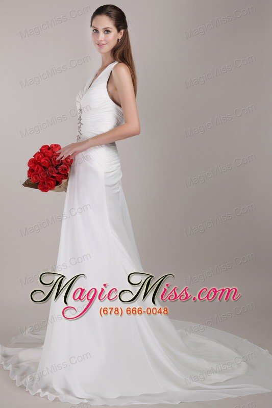wholesale white a-line v-neck chapel train chiffon appliques wedding dress