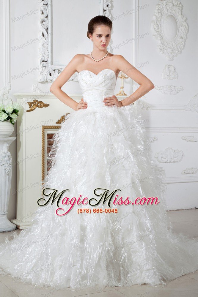 wholesale discount a-line sweetheart chapel train satin feather ruch and beading wedding dress