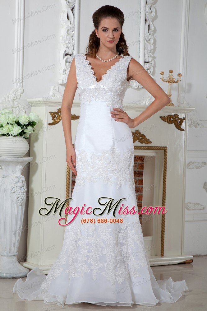 wholesale pretty column v-neck court train organza lace and appliques wedding dress