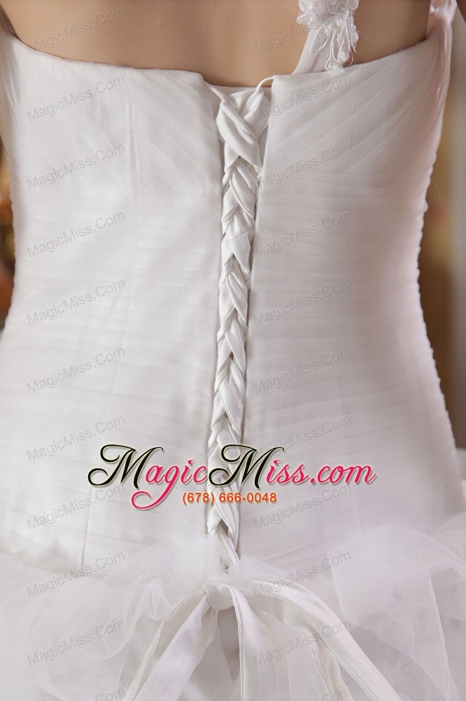 wholesale white a-line one shoulder chapel train satin and organza ruffles and hand made flowers wedding dress