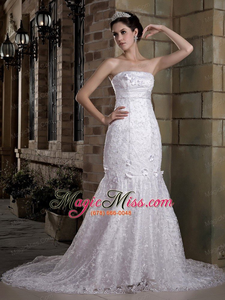 wholesale fashionbale mermaid strapless chapel train taffeta and lace beading wedding dress