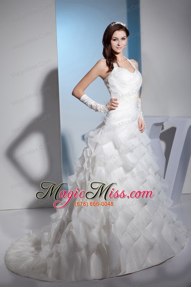 wholesale beading and lace ruffled layers halter a-line court train wedding dress