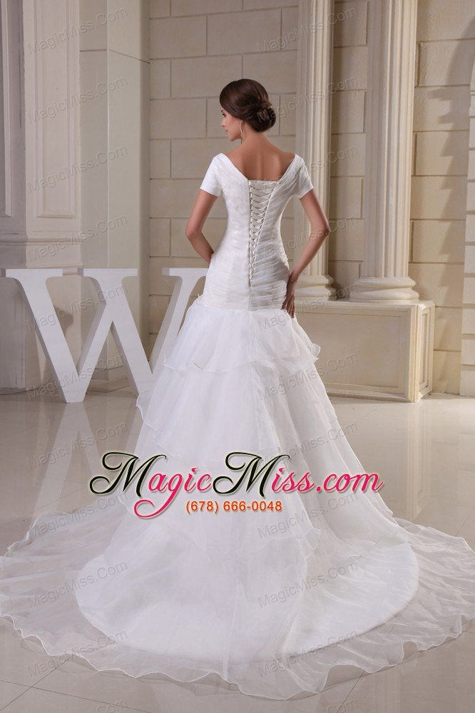 wholesale appliques and ruching v-neck short sleeves wedding dress