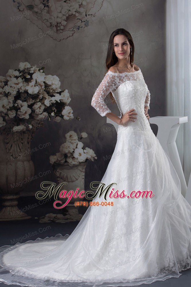 wholesale off the shoulder 3/4 sleeves lace a-line wedding dress