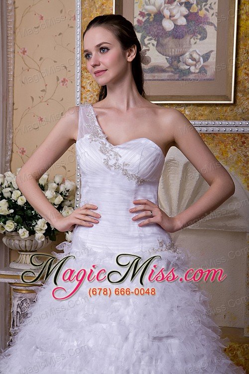 wholesale modest a-line one shoulder brush train satin and tulle appliques wedding dress