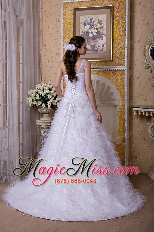 wholesale modest a-line one shoulder brush train satin and tulle appliques wedding dress