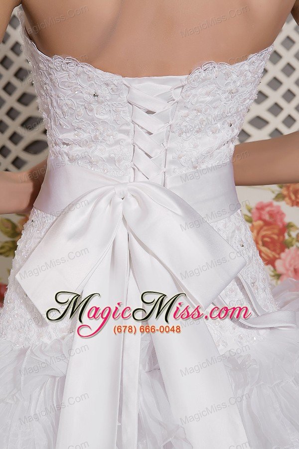 wholesale perfect a-line strapless court train organza and lace sash wedding dress