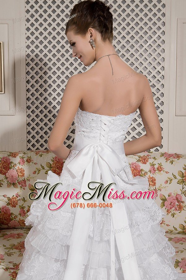 wholesale perfect a-line strapless court train organza and lace sash wedding dress