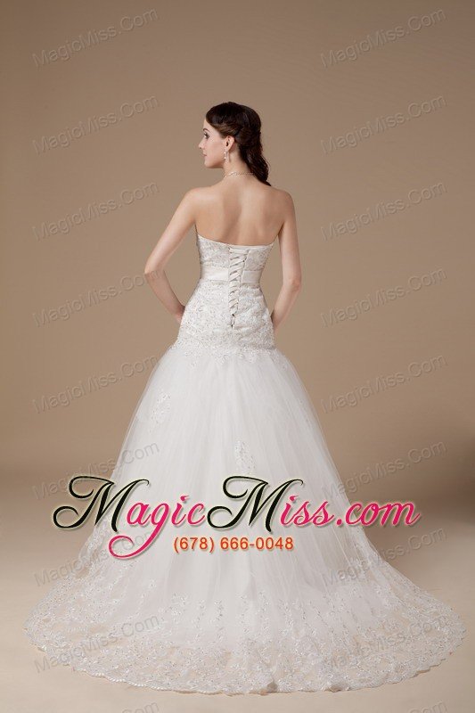 wholesale fashionable a-line sweetheart brush train taffeta and lace hand made flower wedding dress