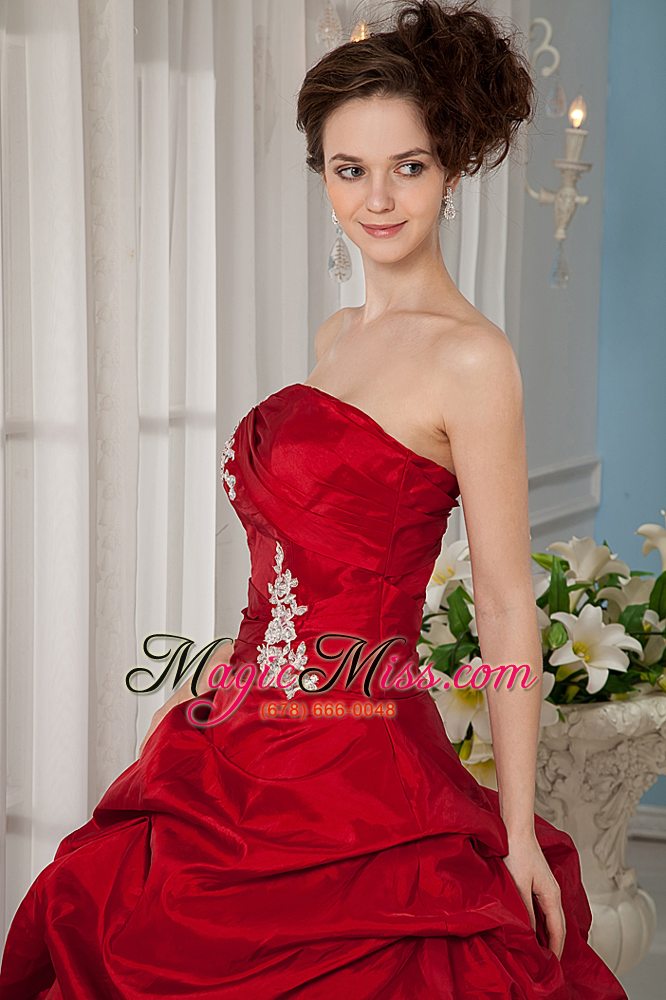 wholesale red ball gown strapless floor-length taffeta appliques quinceanera dress