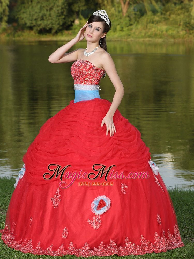 wholesale tulle strapless red quinceanera dress for girl with flower beaded decorate