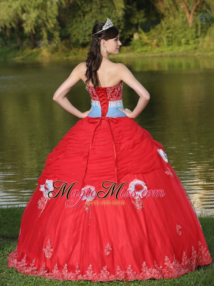 wholesale tulle strapless red quinceanera dress for girl with flower beaded decorate