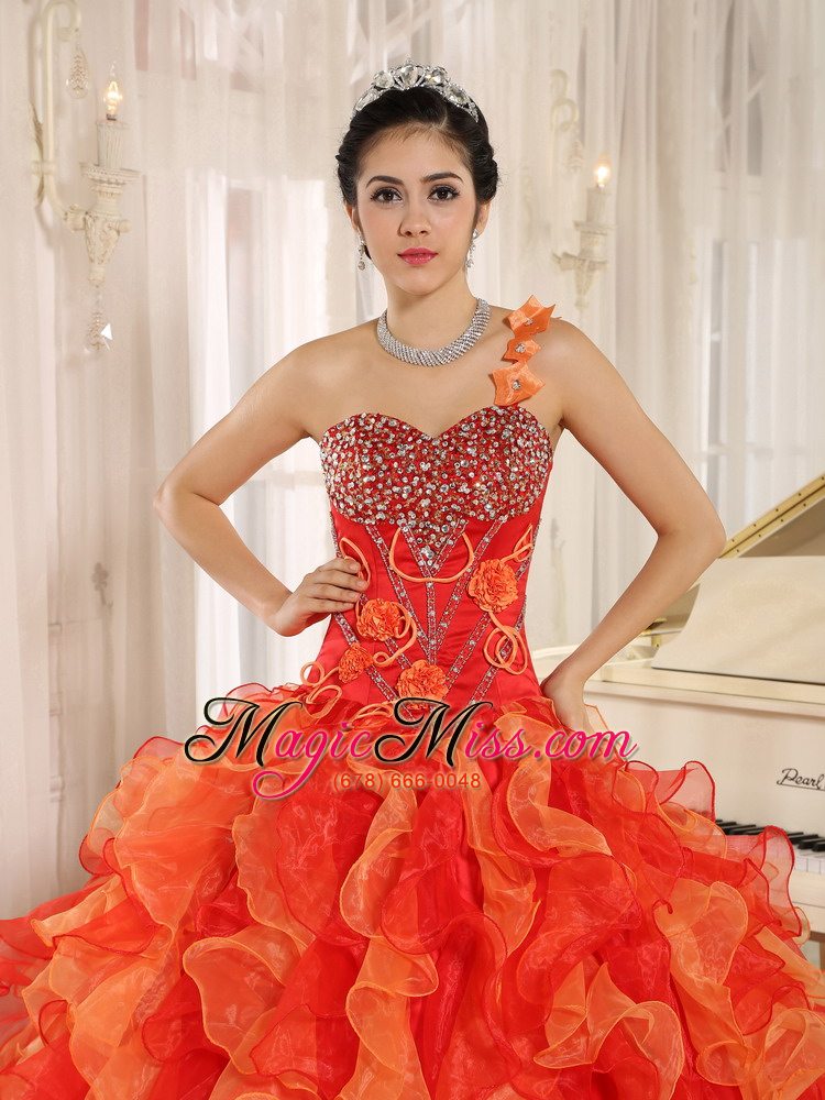 wholesale custom made orange red one shoulder beaded decorate ruffles mendoza quinceanera dress in spring