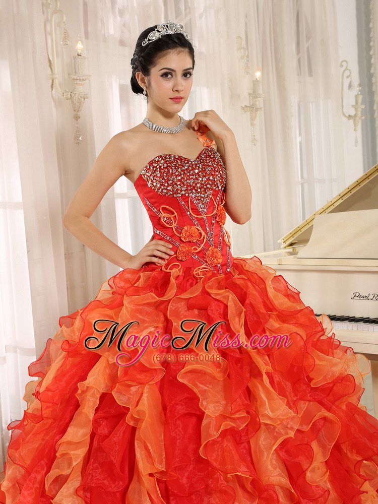 wholesale custom made orange red one shoulder beaded decorate ruffles mendoza quinceanera dress in spring