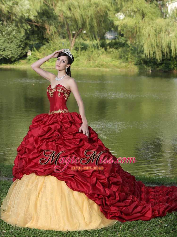 wholesale appliques and pick-ups wine red brush train exquisite style for 2013 quinceanera dress