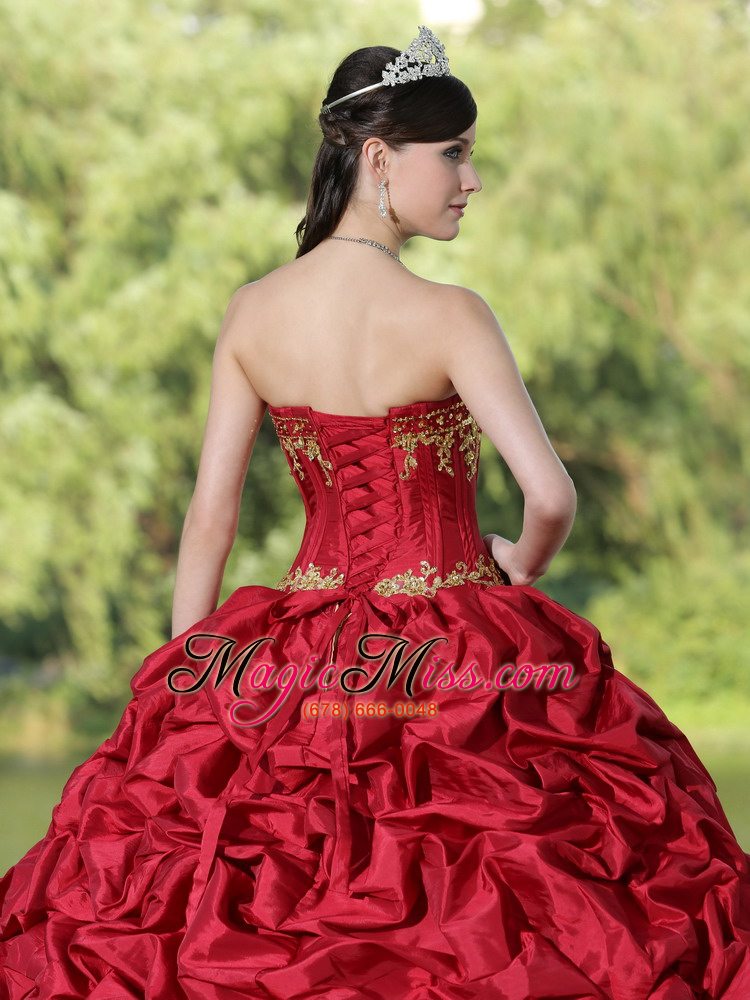 wholesale appliques and pick-ups wine red brush train exquisite style for 2013 quinceanera dress