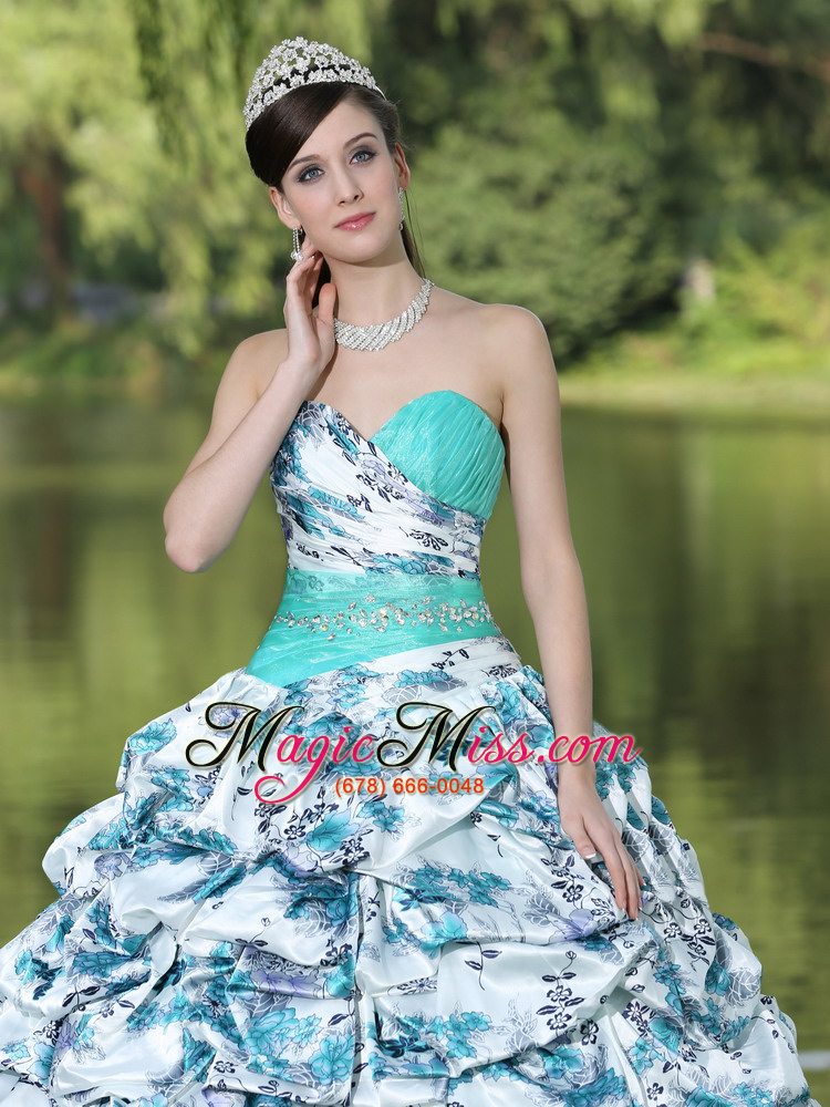wholesale colorful printing and organza beaded decorate waist pick-ups and ruffles brush train lovely style for 2013 quinceanera dress