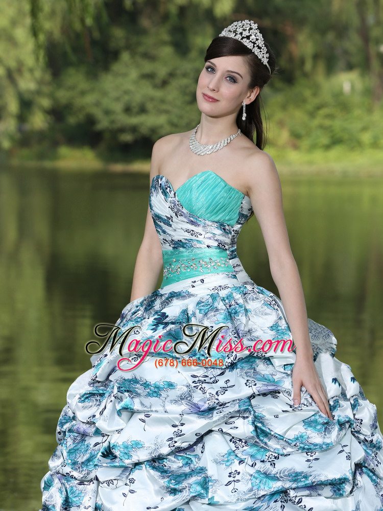 wholesale colorful printing and organza beaded decorate waist pick-ups and ruffles brush train lovely style for 2013 quinceanera dress