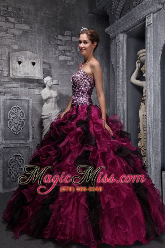 wholesale burgundy ball gown sweetheart floor-length zebra and organza ruffles and beading quinceanera dress