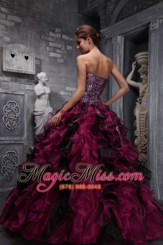 wholesale burgundy ball gown sweetheart floor-length zebra and organza ruffles and beading quinceanera dress