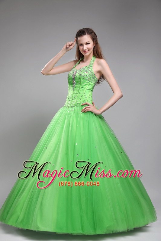 wholesale green ball gown halter floor-length tulle beading quinceanera dress