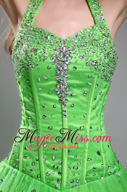 wholesale green ball gown halter floor-length tulle beading quinceanera dress