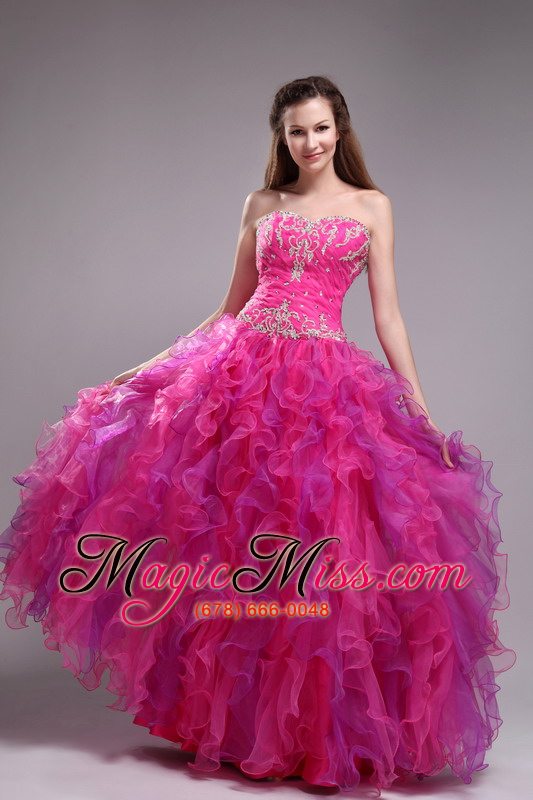 wholesale fuchsia ball gown sweetheart floor-length orangza appliques quinceanera dress