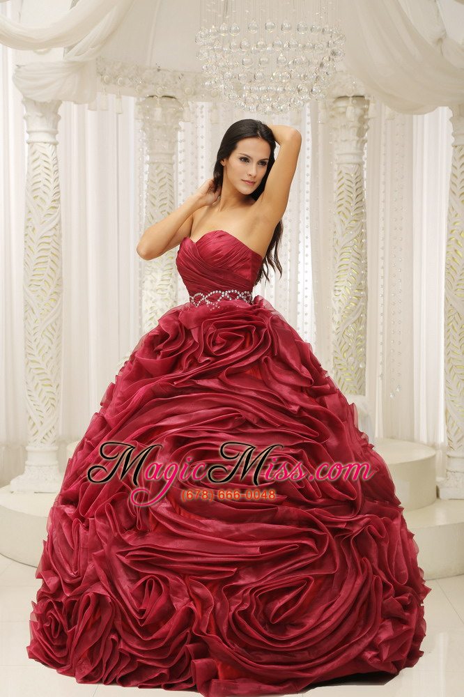 wholesale wine red sweetheart neckline beaded decorate wasit hand made flower a-line 2013 quinceanera dress for formal evening