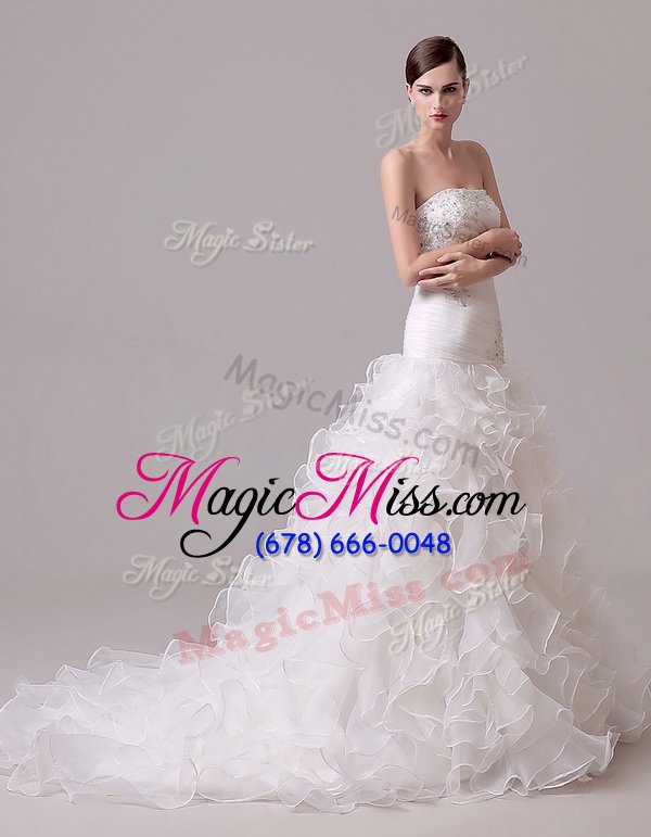 wholesale strapless sleeveless court train lace up wedding dresses white organza