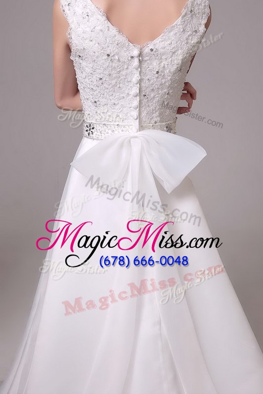 wholesale extravagant with train white bridal gown organza and lace brush train sleeveless beading and sashes|ribbons