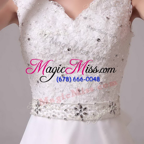 wholesale extravagant with train white bridal gown organza and lace brush train sleeveless beading and sashes|ribbons