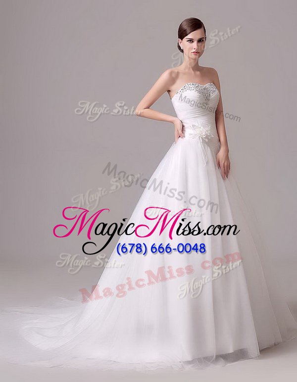 wholesale sumptuous white tulle lace up wedding gown sleeveless with brush train beading and hand made flower