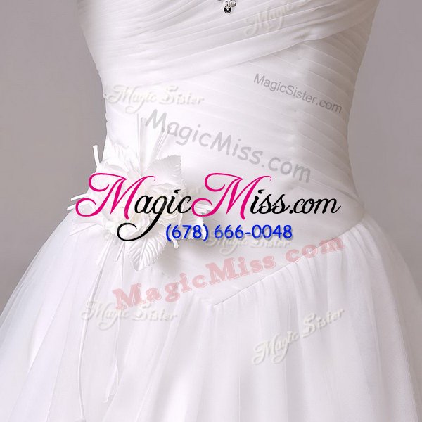 wholesale sumptuous white tulle lace up wedding gown sleeveless with brush train beading and hand made flower