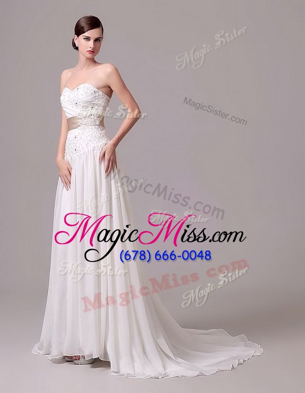 wholesale custom made white sweetheart neckline beading and belt wedding gown sleeveless lace up