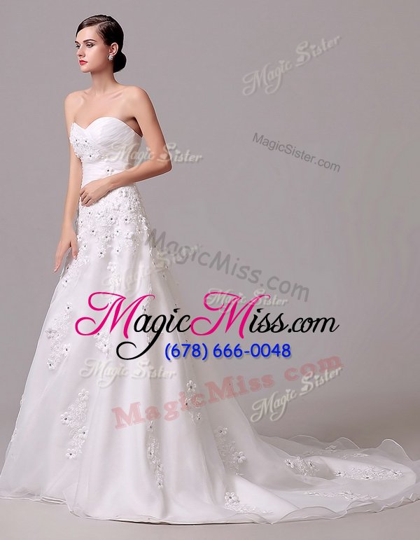 wholesale flirting white sweetheart neckline appliques and hand made flower wedding dresses sleeveless lace up