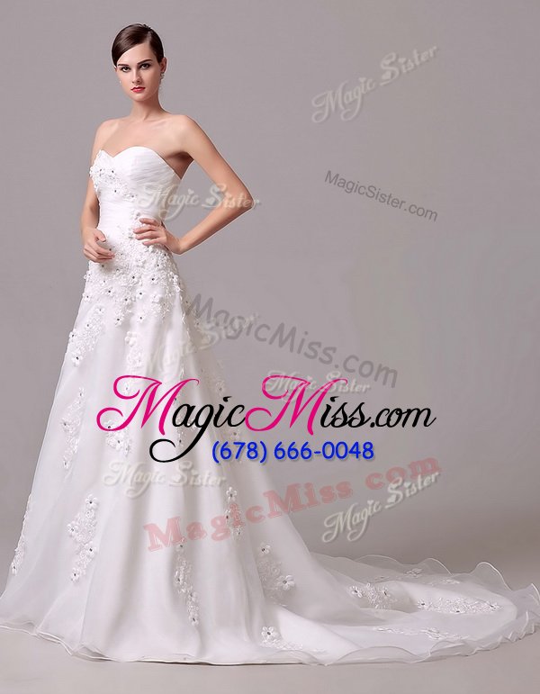 wholesale flirting white sweetheart neckline appliques and hand made flower wedding dresses sleeveless lace up