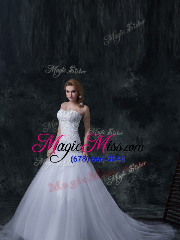 wholesale top selling court train column/sheath wedding dress white strapless tulle sleeveless with train lace up