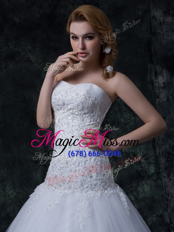 wholesale top selling court train column/sheath wedding dress white strapless tulle sleeveless with train lace up
