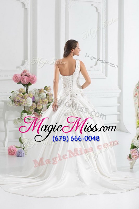 wholesale excellent brush train a-line wedding gown white one shoulder satin sleeveless with train lace up