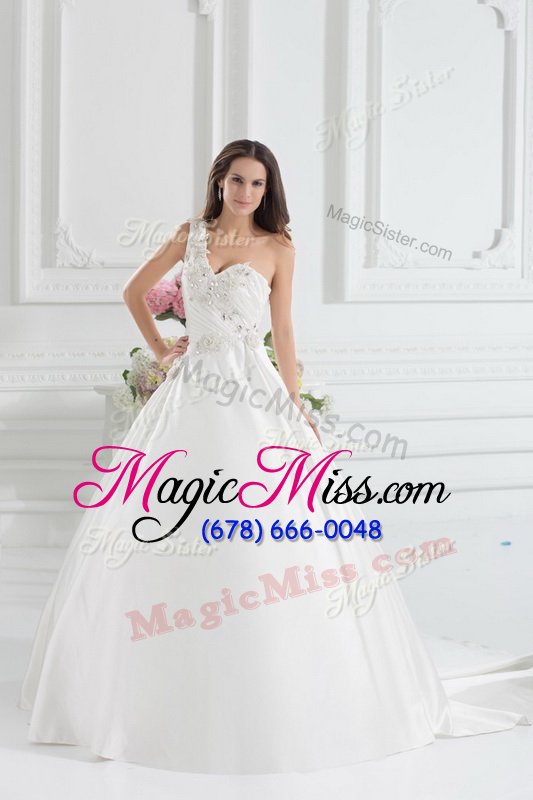 wholesale excellent brush train a-line wedding gown white one shoulder satin sleeveless with train lace up