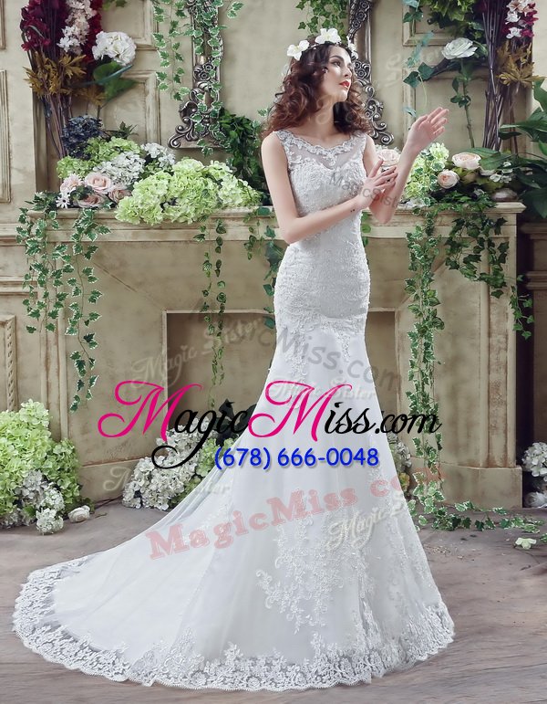 wholesale extravagant mermaid scoop see through backless bridal gown white and in for wedding party with beading and appliques brush train