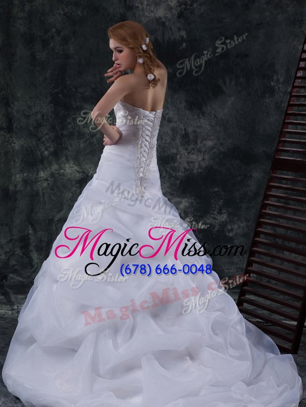 wholesale low price white organza lace up sweetheart sleeveless floor length wedding gown brush train beading and ruching and pick ups