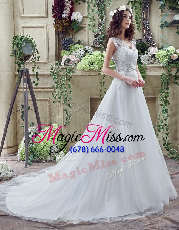 wholesale wonderful white long sleeves tulle and lace court train clasp handle wedding gown for wedding party