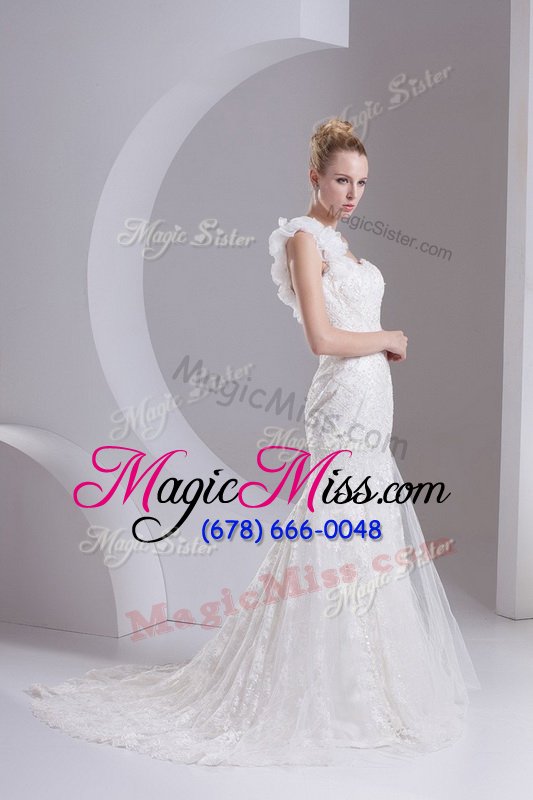 wholesale simple mermaid one shoulder white wedding gown lace brush train sleeveless lace and appliques