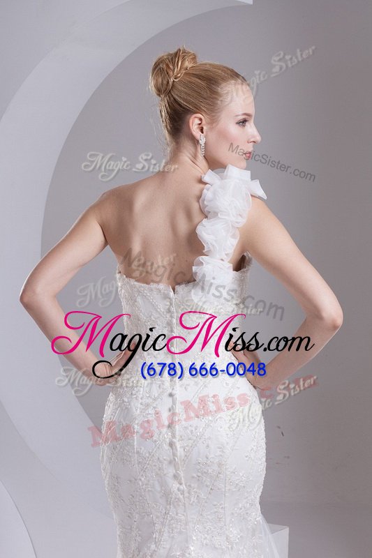 wholesale simple mermaid one shoulder white wedding gown lace brush train sleeveless lace and appliques