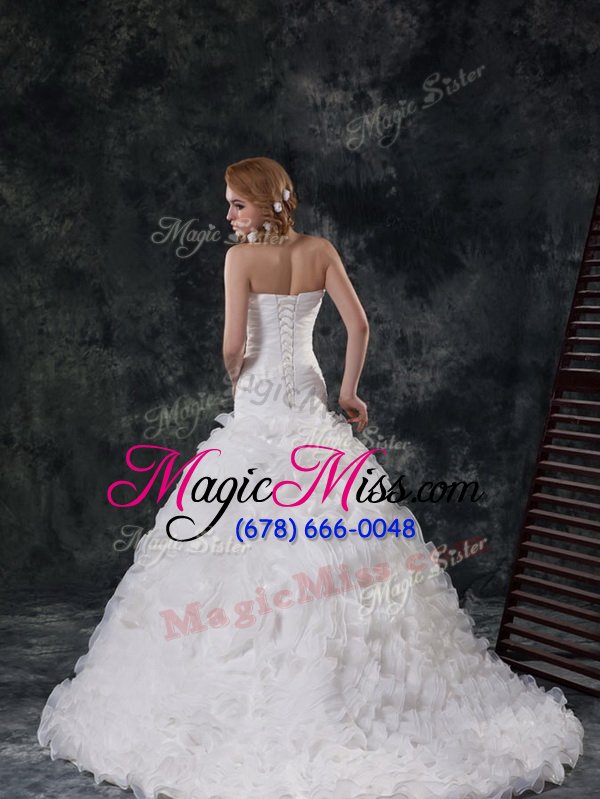 wholesale stunning fabric with rolling flowers ruffles and ruching bridal gown white lace up sleeveless brush train